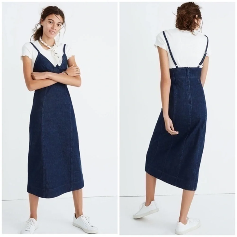 madewell denim cami midi dress Women's Denim Seamed Flare Midi Dress in Croswell Wash - Size 10